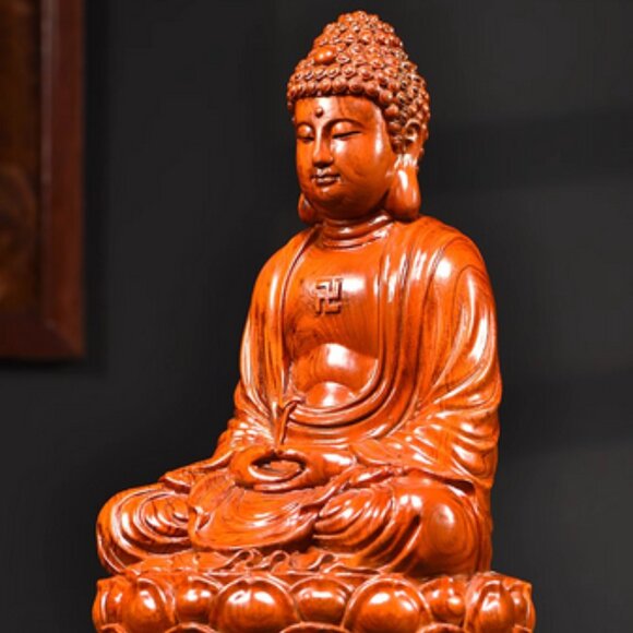 SHAKYAMUNI BUDDHA STATUE Solid Wood Rosewood Carving Meditation Home Altar NEW - Picture 2 of 14
